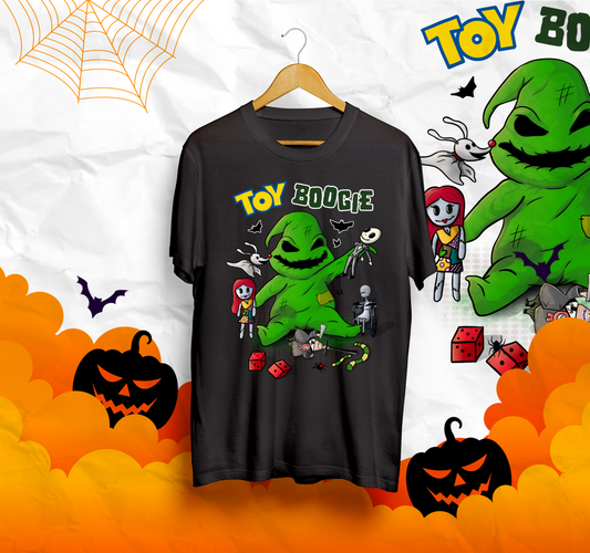 Toy boogie t-shirt, oogie boogie playing with his friends jack, sally, Zero, Dr. Finkelstein, El Alcalde